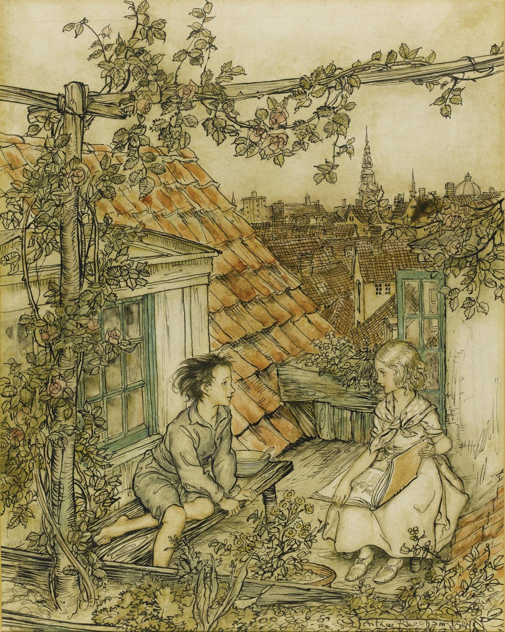Kay y Gerda en su jardín en lo alto del techo. Ilustración para el cuento de La Reina de las Nieves de Arthur Rackham