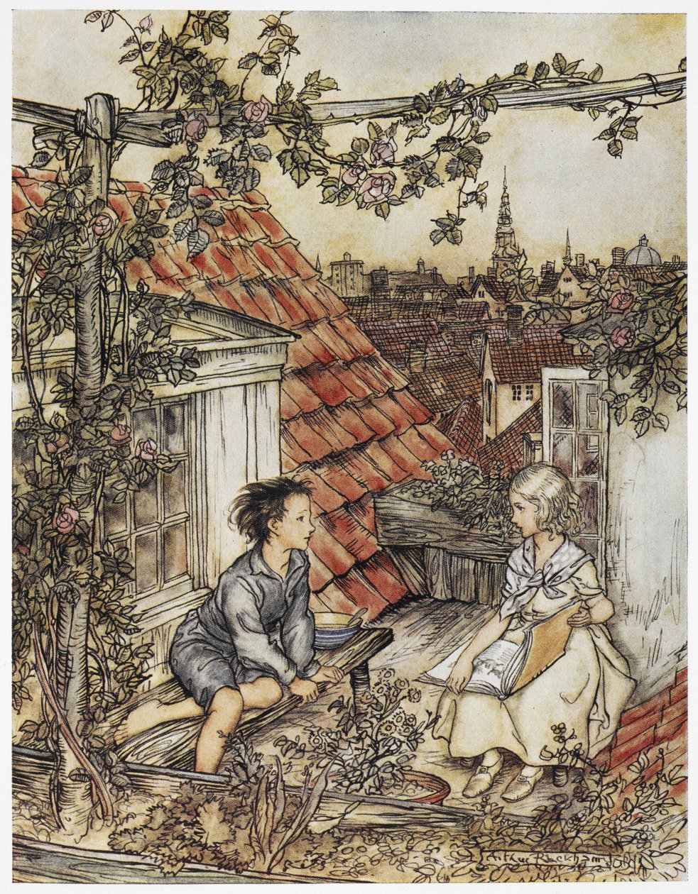 "Kay y Gerda en su jardín, en lo alto del tejado". Dos niños sentados en el tejado de una casa. Ilustración de "la niña y el niño". de Arthur Rackham
