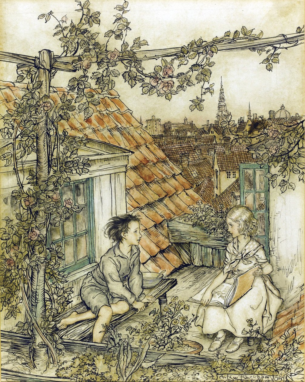 La Reina de las Nieves - Kay y Gerda en su jardín en el techo. Ilustración para el cuento de La Reina de las Nieves por Arthur Rackham de Arthur Rackham