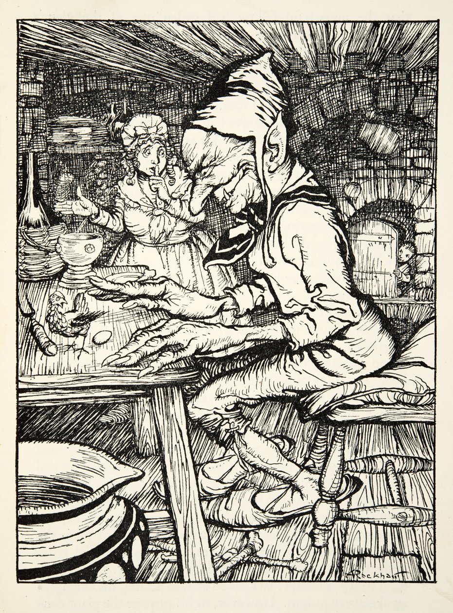 ¡Pon!, rugió el gigante y entonces la gallina puso inmediatamente un huevo de oro macizo, de The Arthur Rackham Fairy Book, pub. 1933 de Arthur Rackham