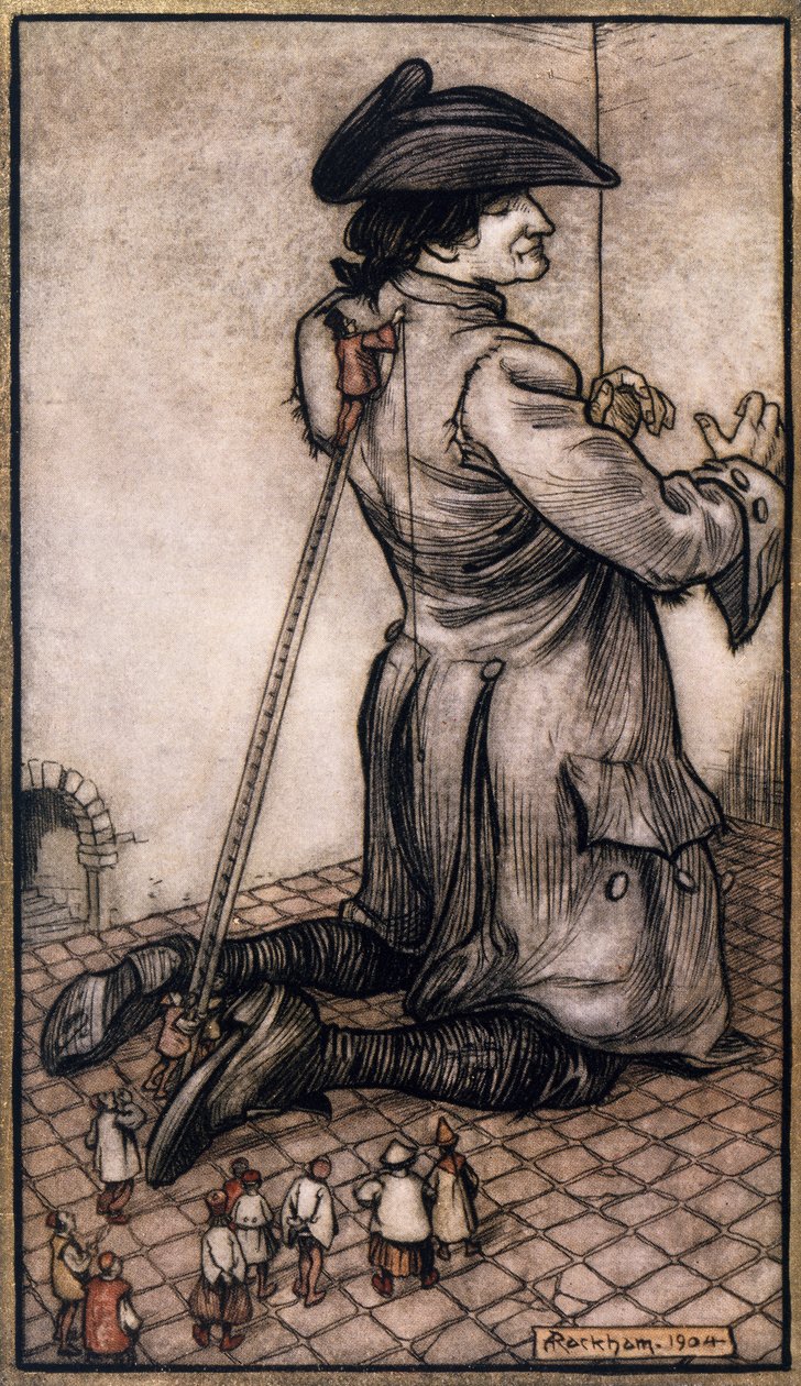 Sastres liliputienses midiendo a Gulliver para hacerle un traje nuevo, ilustración de Arthur Rackham (1867-1939) de Los viajes de Gulliver de Jonathan Swift (Dublín de Arthur Rackham