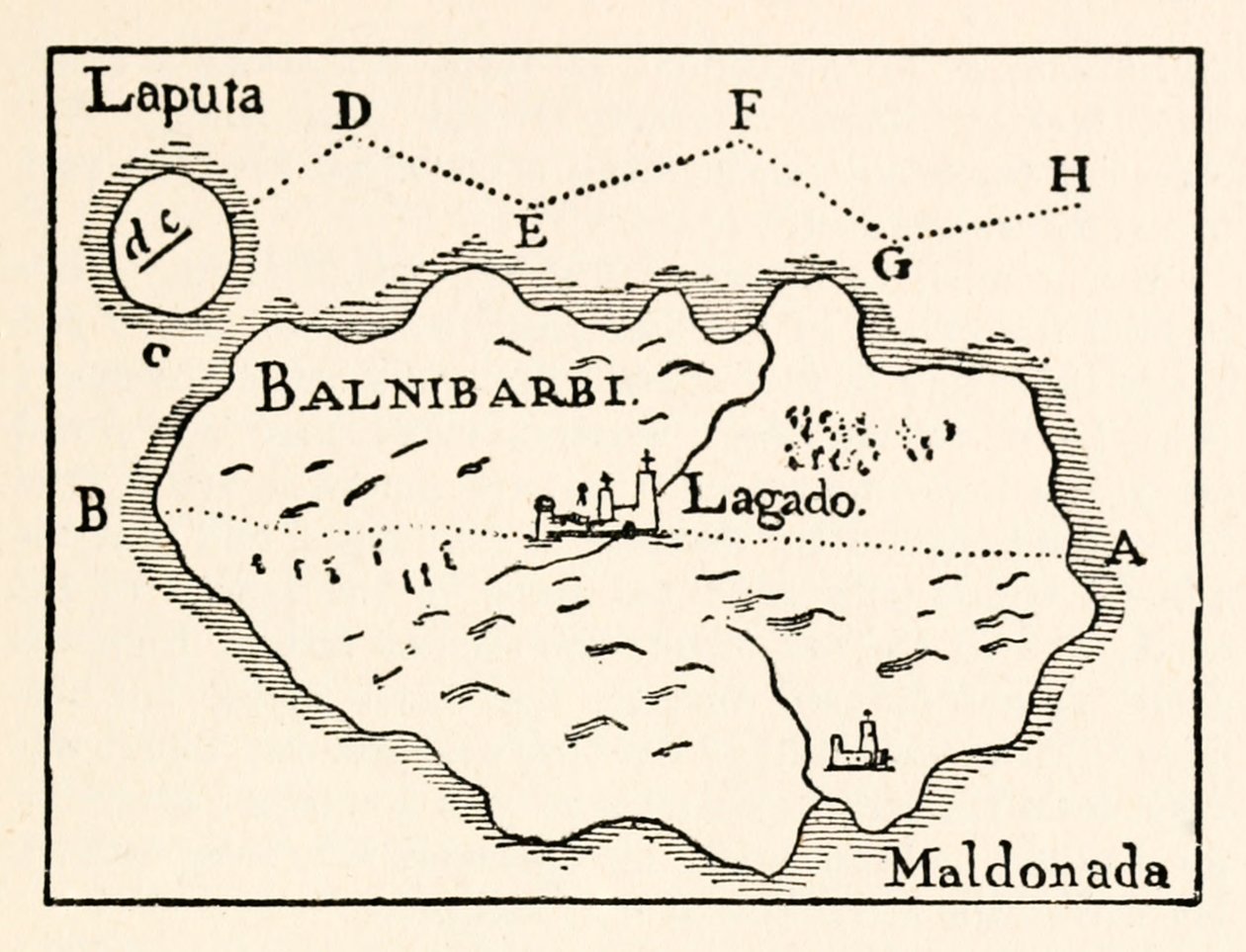 Mapa de Laputa (isla voladora arriba a la derecha) y Balnibarbii (puerto principal Maldonada), de la Parte III: Un viaje a Laputa, Balnibarbi, Luggnagg, Glubbdubdrib y Japón en Los viajes de Gulliver de Jonathan Swift de Arthur Rackham
