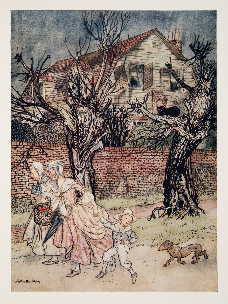 Maravillosas historias de campos encantados, arroyos encantados y casas encantadas, de La leyenda de Sleepy Hollow de Washington Irving (1783 - 1859), pub. 1928 de Arthur Rackham