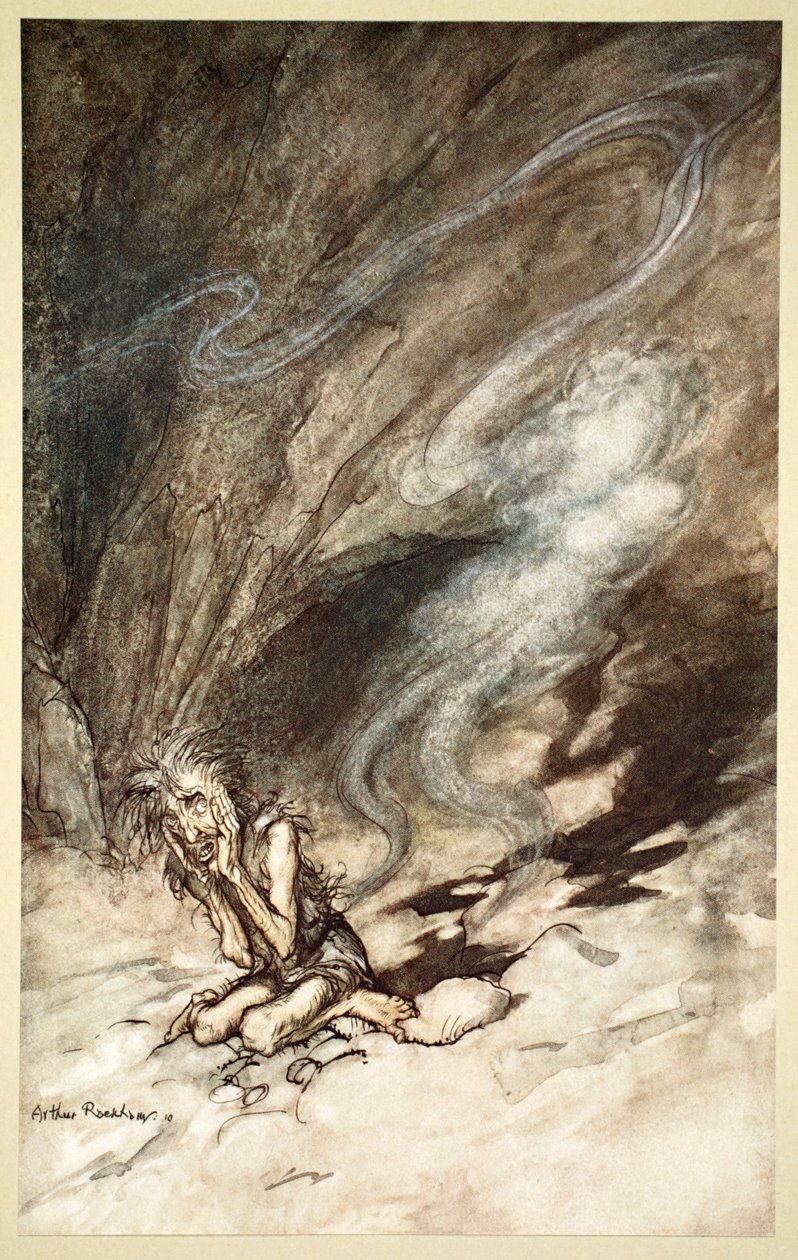 Mime se retuerce bajo los latigazos que recibe de Arthur Rackham