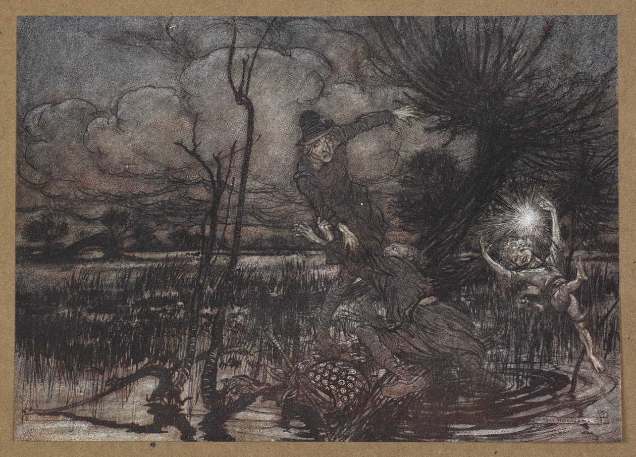 "¿Engañar a los vagabundos nocturnos, riéndose de su daño?
Una escena de "El sueño de una noche de verano". de Arthur Rackham