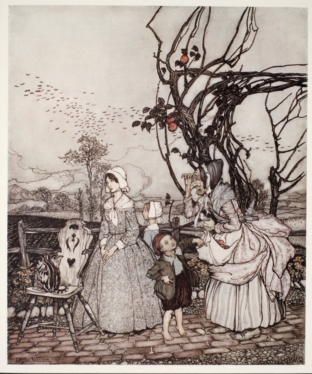 Madre e hijos regresando de recoger manzanas, de Rip Van Winkle de Washington Irving, pub. 1910 de Arthur Rackham