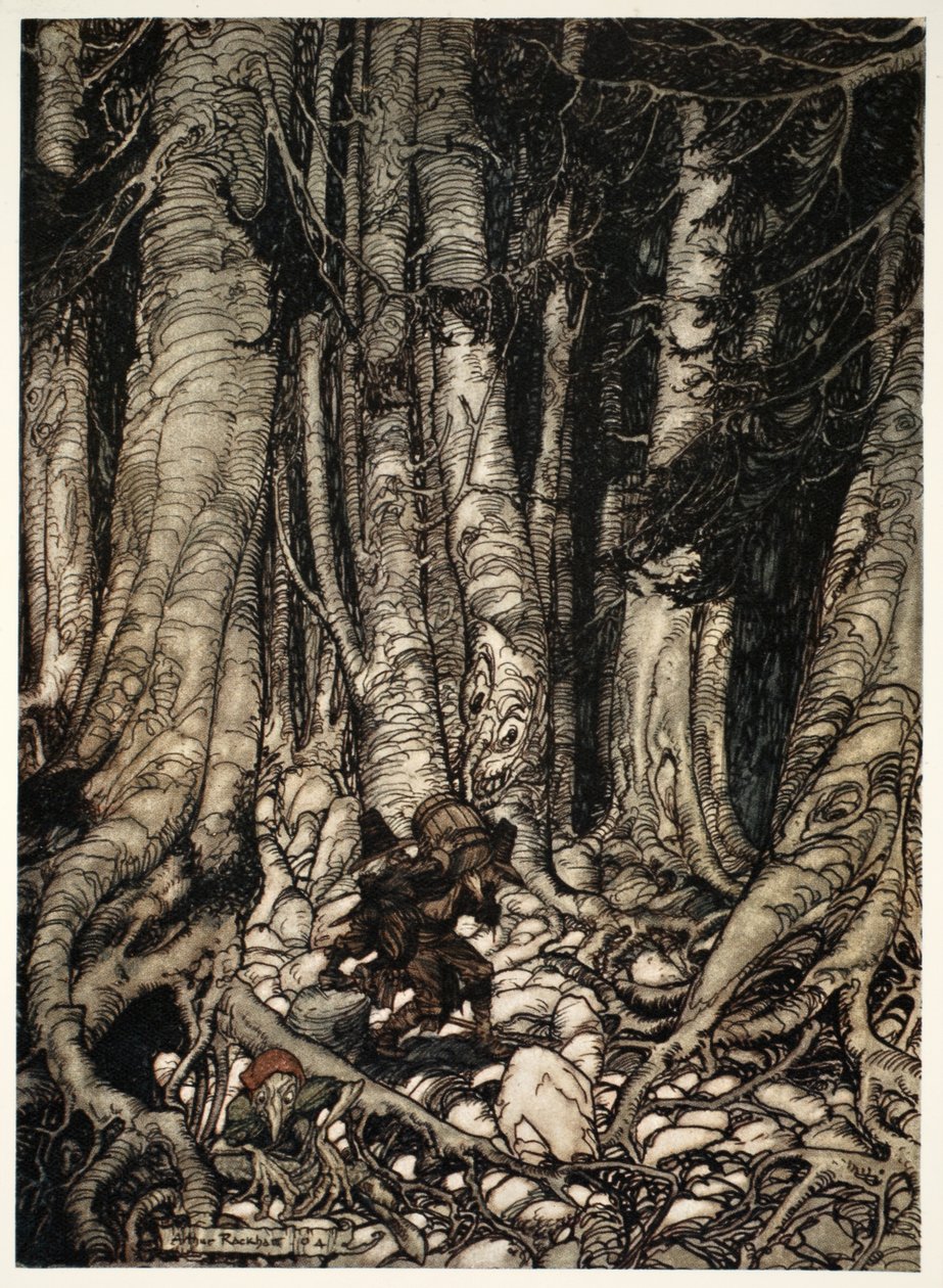 Aliviándose mutuamente, treparon por un estrecho barranco., de Rip Van Winkle por Washington Irving, pub. 1910 de Arthur Rackham