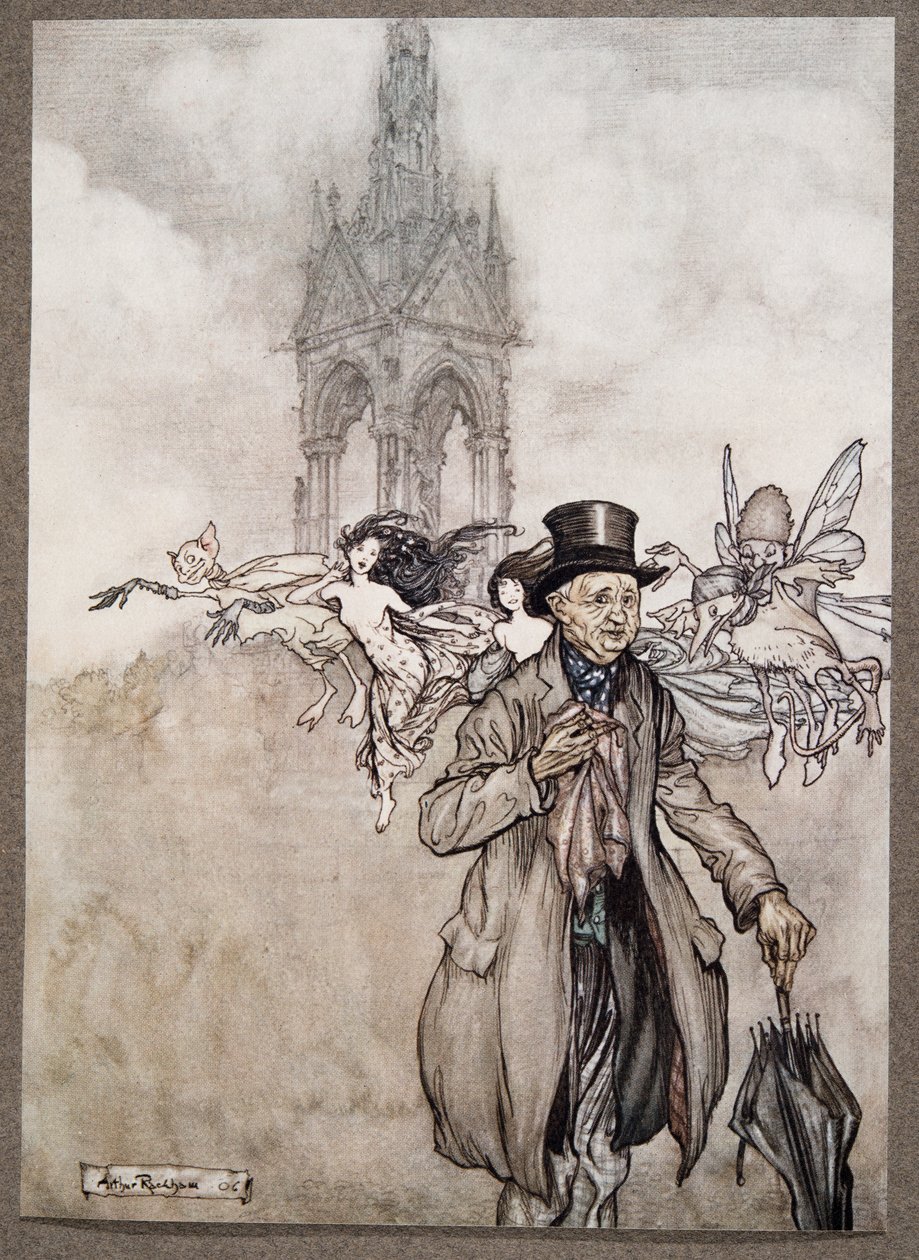 El viejo Sr. Salford era un caballero gruñón que vagaba todo el día por los Jardines, de Peter Pan en los Jardines de Kensington de J M Barrie, pub. 1906 de Arthur Rackham