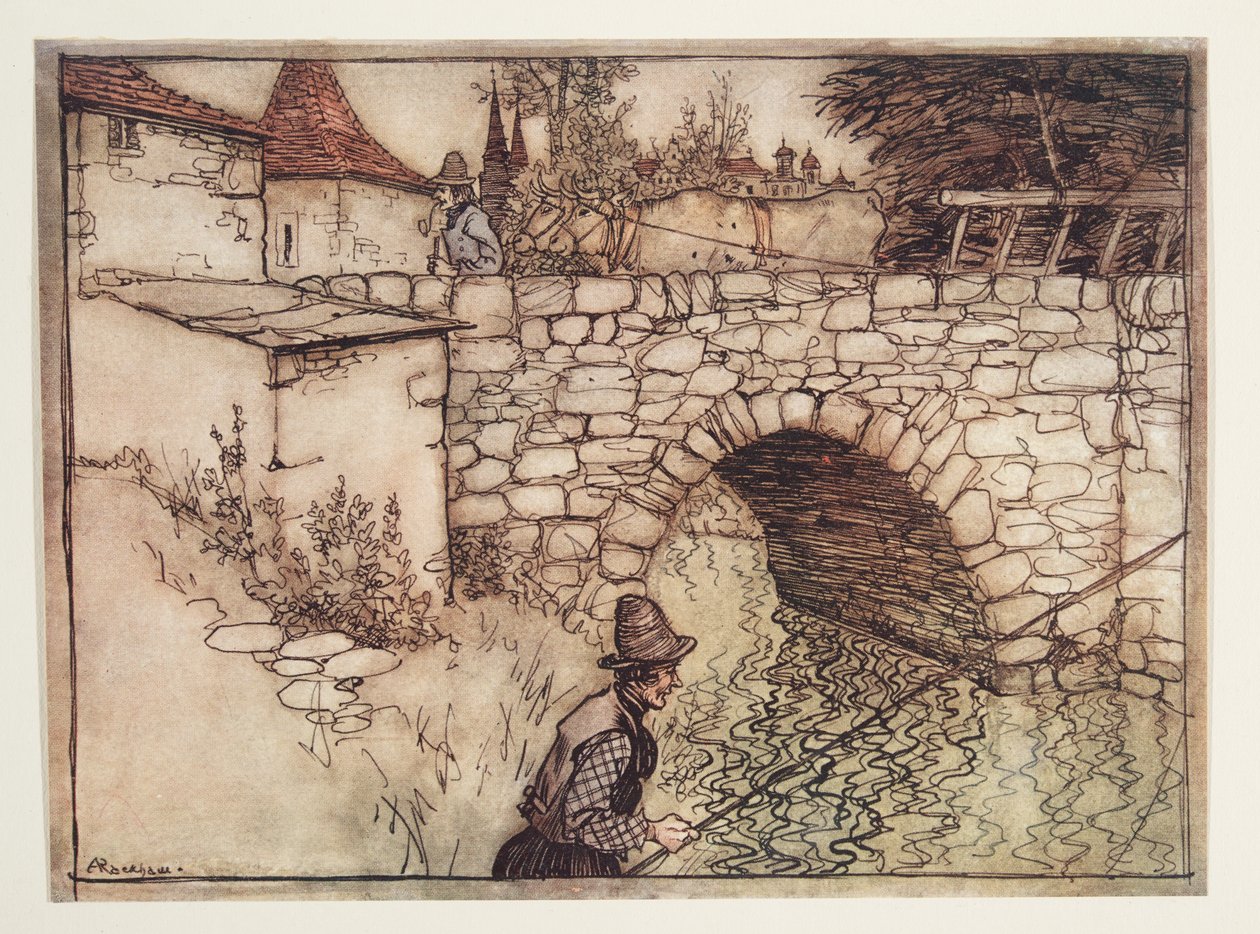 Érase una vez un pobre campesino llamado Crabb, que llevaba una carga de leña tirada por dos bueyes a la ciudad para venderla, de Los cuentos de hadas de los hermanos Grimm, pub. 1909 de Arthur Rackham