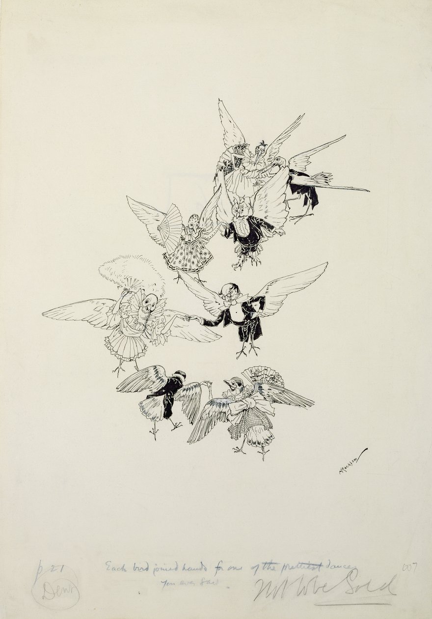 Uno de los bailes más bonitos que jamás hayas visto, ilustración de The Zankiwank and the Bletherwitch, por S.J. Adair Fitzgerald, publicada en 1896 de Arthur Rackham