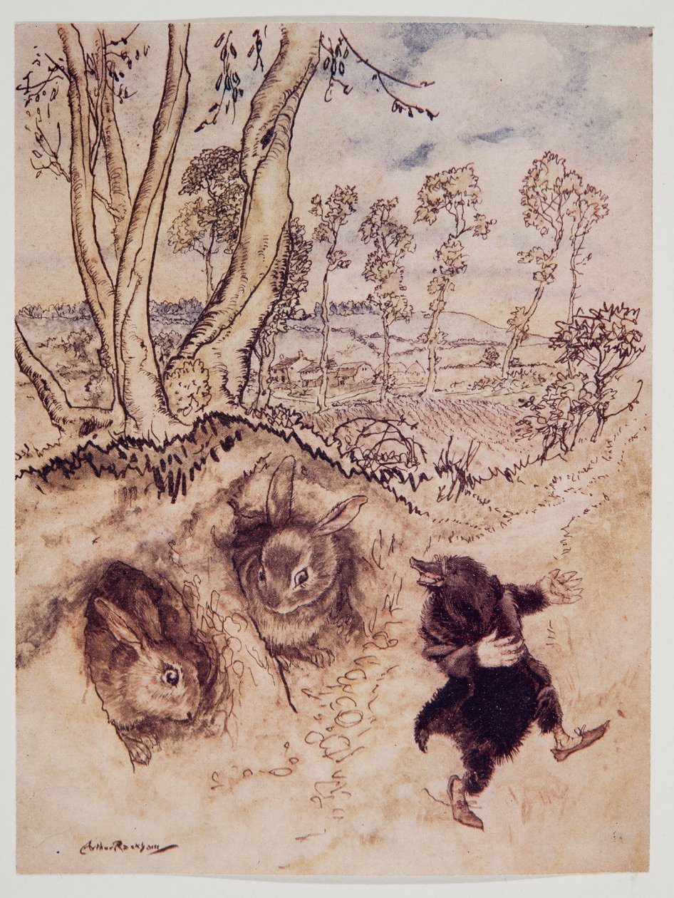 ¡Salsa de cebolla! ¡Salsa de cebolla! comentó burlonamente, y se fue antes de que pudieran pensar en una respuesta, de El viento en los sauces de Kenneth Grahame (1859 - 1932), pub. 1940 de Arthur Rackham