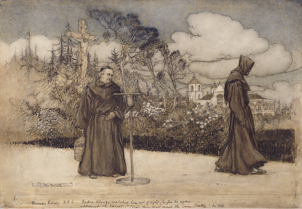 El padre Alonzo lo observó hasta perderlo de vista, ilustración de Buenas noches por Eleanor Gates, 1907 de Arthur Rackham