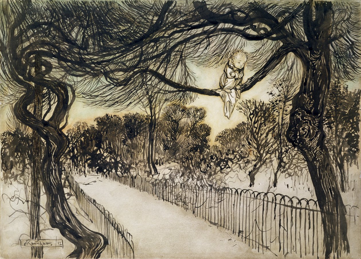 Peter Pan en una Rama, escena de Peter Pan en los Jardines de Kensington de J.M Barrie de Arthur Rackham