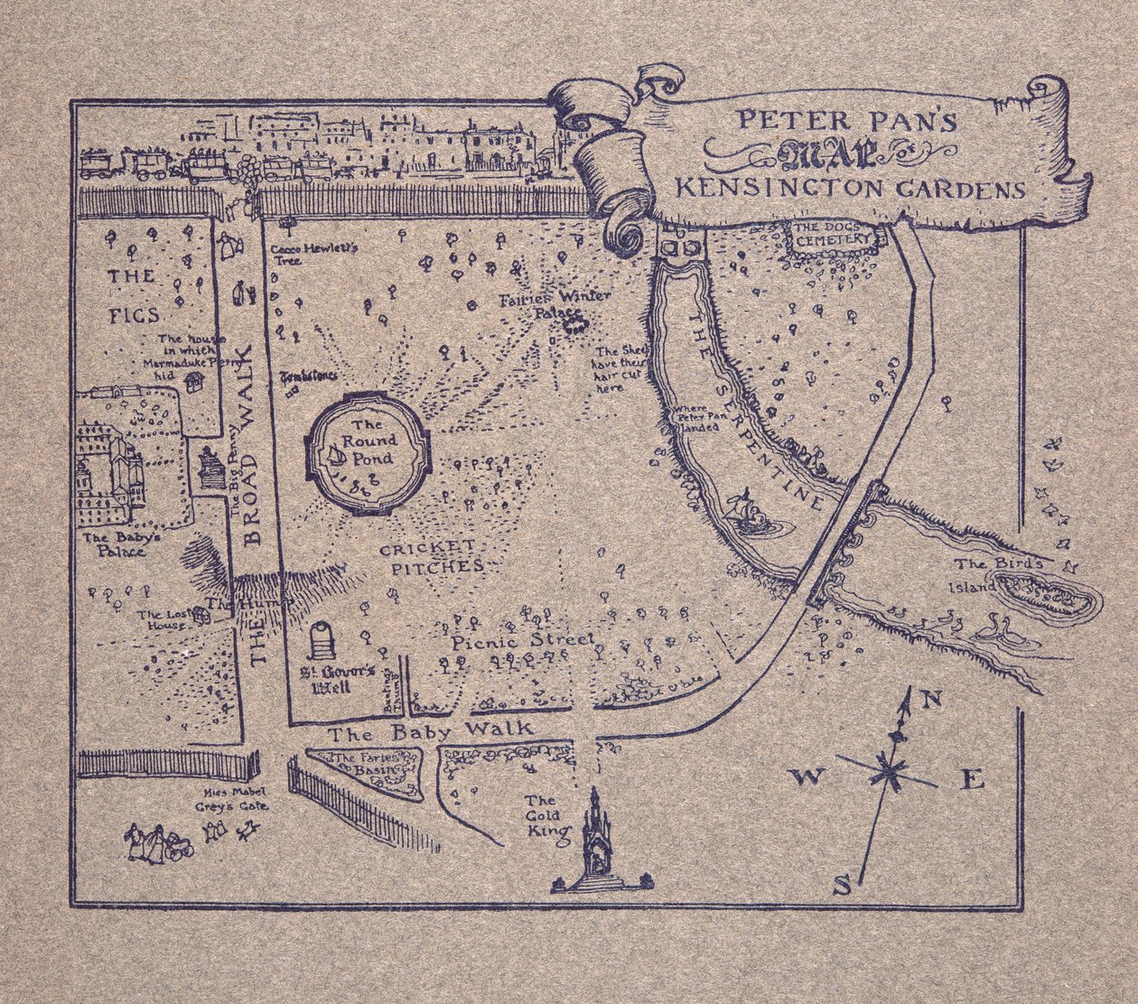 Mapa de los Jardines de Kensington de Peter Pan, de Peter Pan en los Jardines de Kensington de J M Barrie, pub. 1906 de Arthur Rackham