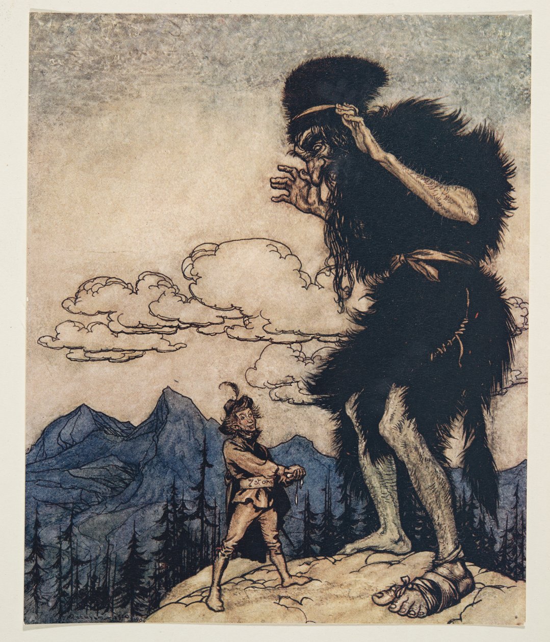 Sacando el trozo de queso blando de su bolsillo, lo apretó hasta que salió la humedad, de Los cuentos de hadas de los hermanos Grimm, pub. 1909 de Arthur Rackham