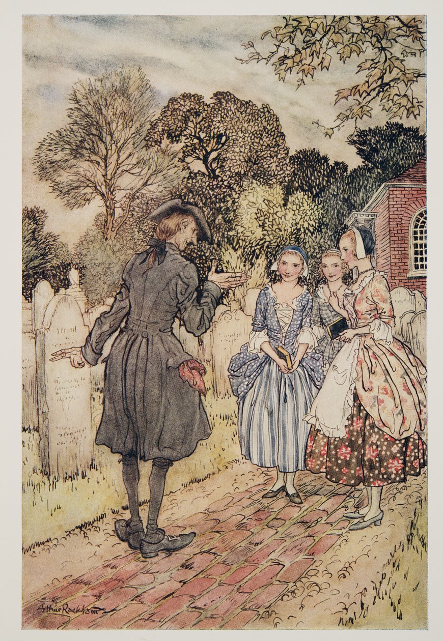 Recitando para su diversión todos los epitafios en las lápidas, de La leyenda de Sleepy Hollow de Washington Irving (1783 - 1859), pub. 1928 de Arthur Rackham