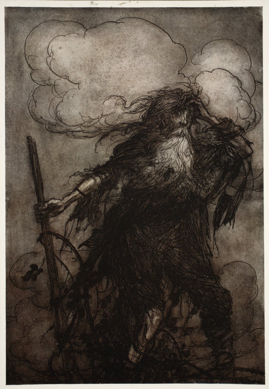 Rip se despierta. Seguramente, pensó, ¿no he dormido aquí toda la noche? ¡Oh! ¡Esa jarra! ¡Esa maldita jarra! ¿Qué excusa le daré a Dame Van Winkle? de Rip Van Winkle de Washington Irving, pub. 1910 de Arthur Rackham