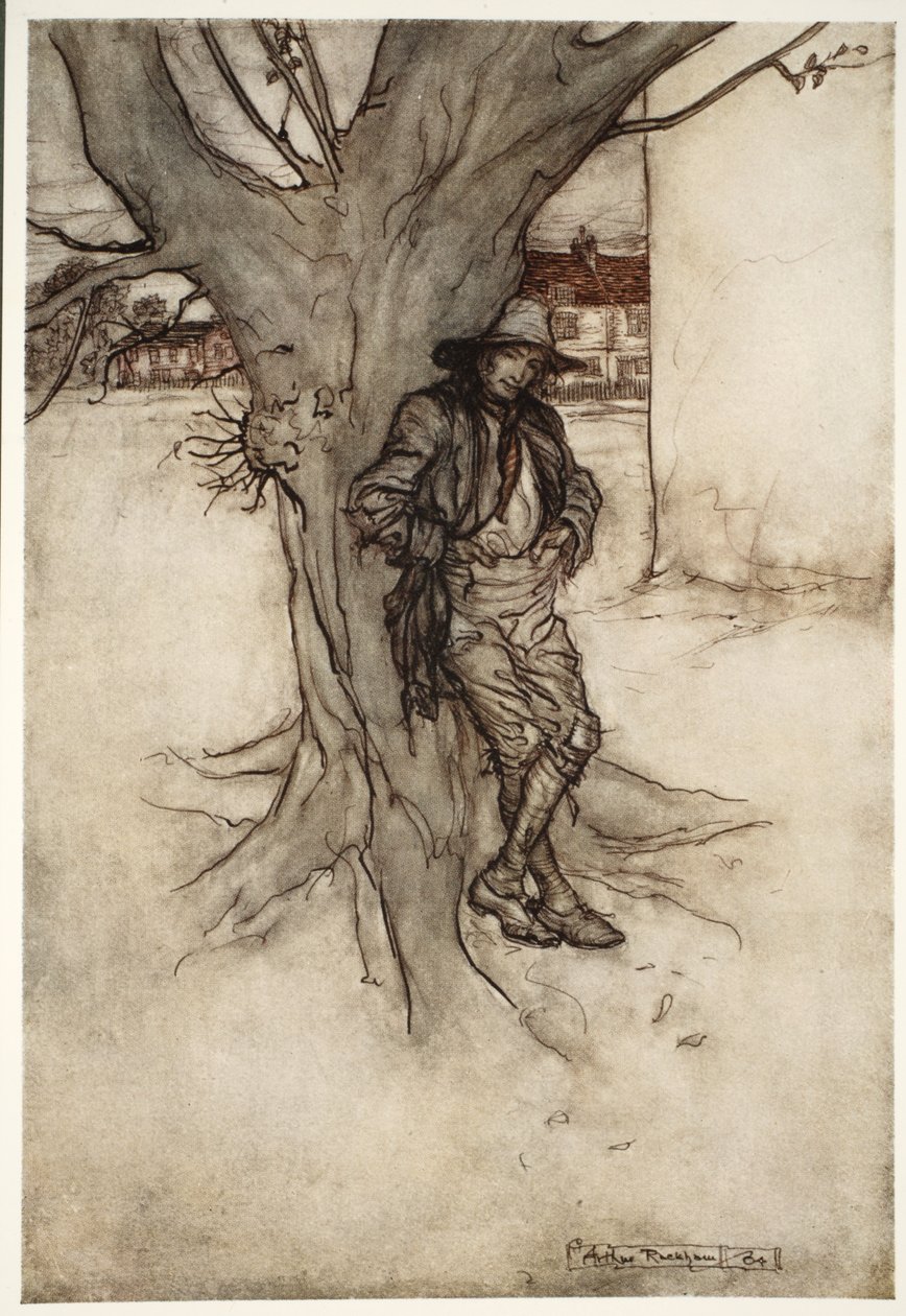 El hijo de Rip, una copia exacta de él mismo, mientras subía la montaña., de Rip Van Winkle de Washington Irving, pub. 1910 de Arthur Rackham