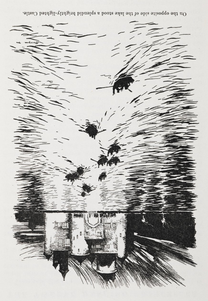 Botes de remo en un río acercándose a un castillo de noche. de Arthur Rackham