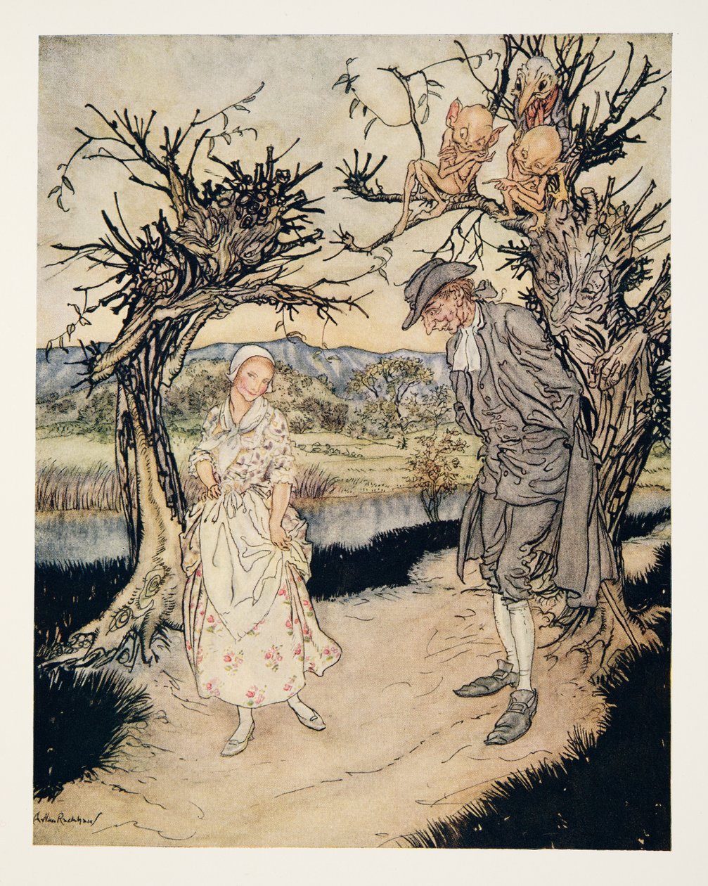 Paseando al atardecer, de La leyenda de Sleepy Hollow de Washington Irving (1783 - 1859), pub. 1928 de Arthur Rackham