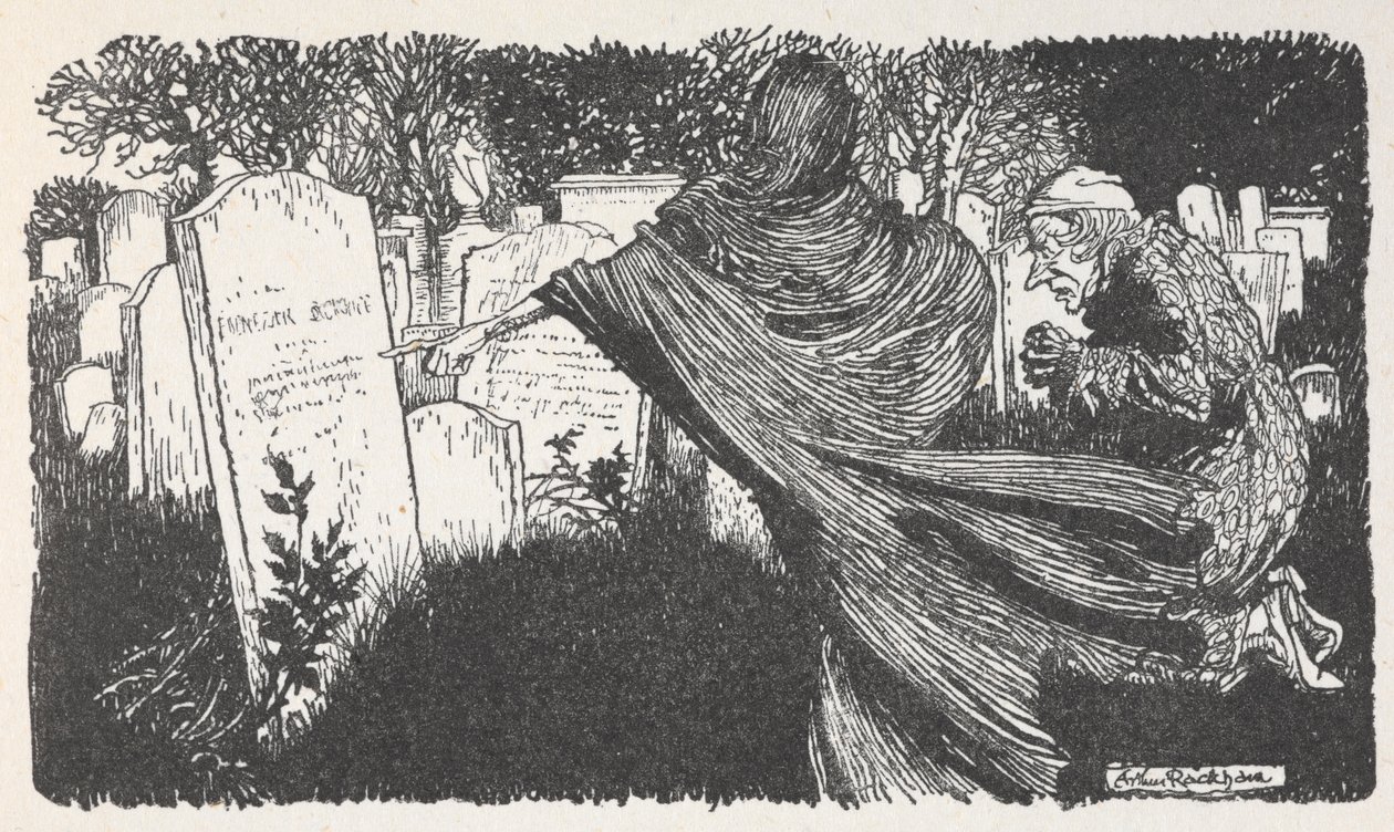 Scrooge y un fantasma en un cementerio de noche. de Arthur Rackham