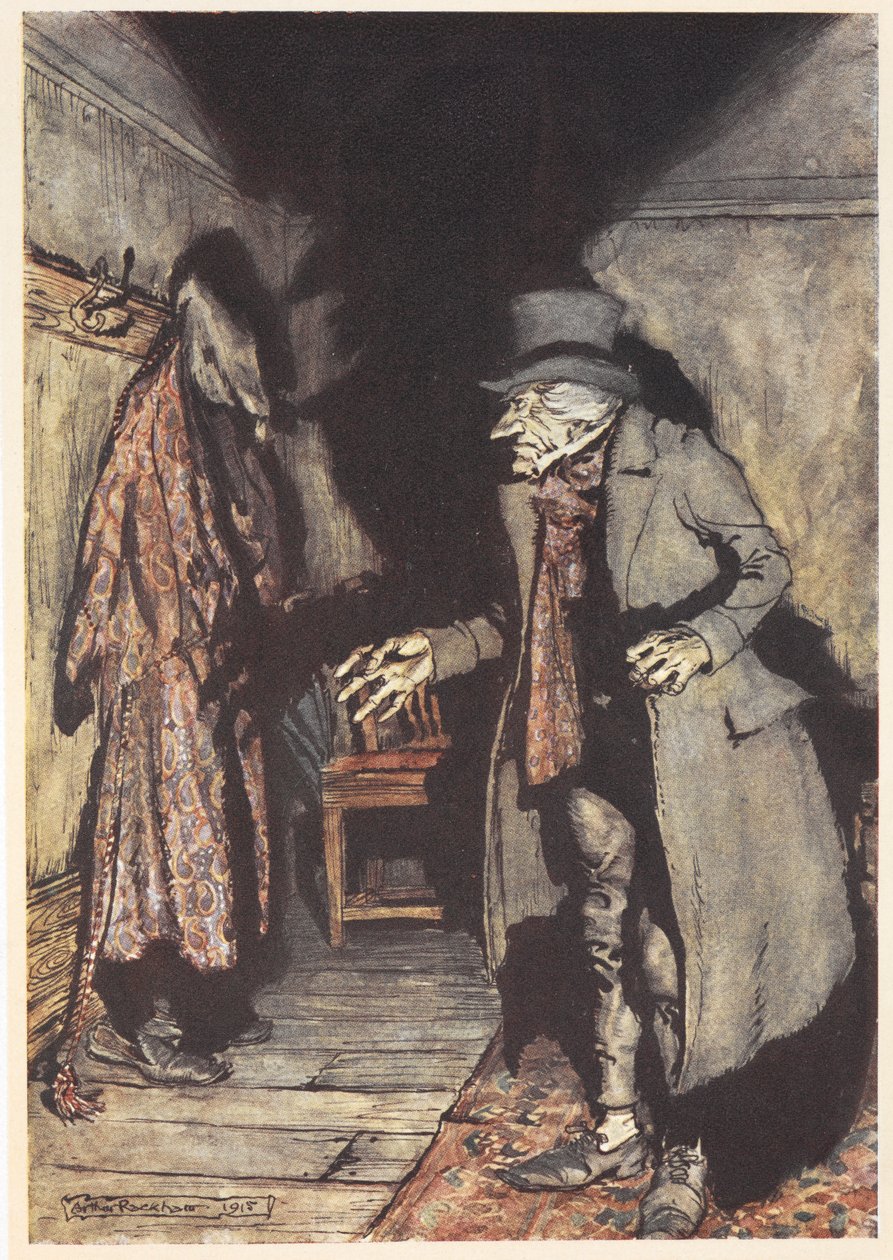 Scrooge en su casa por la noche de Arthur Rackham