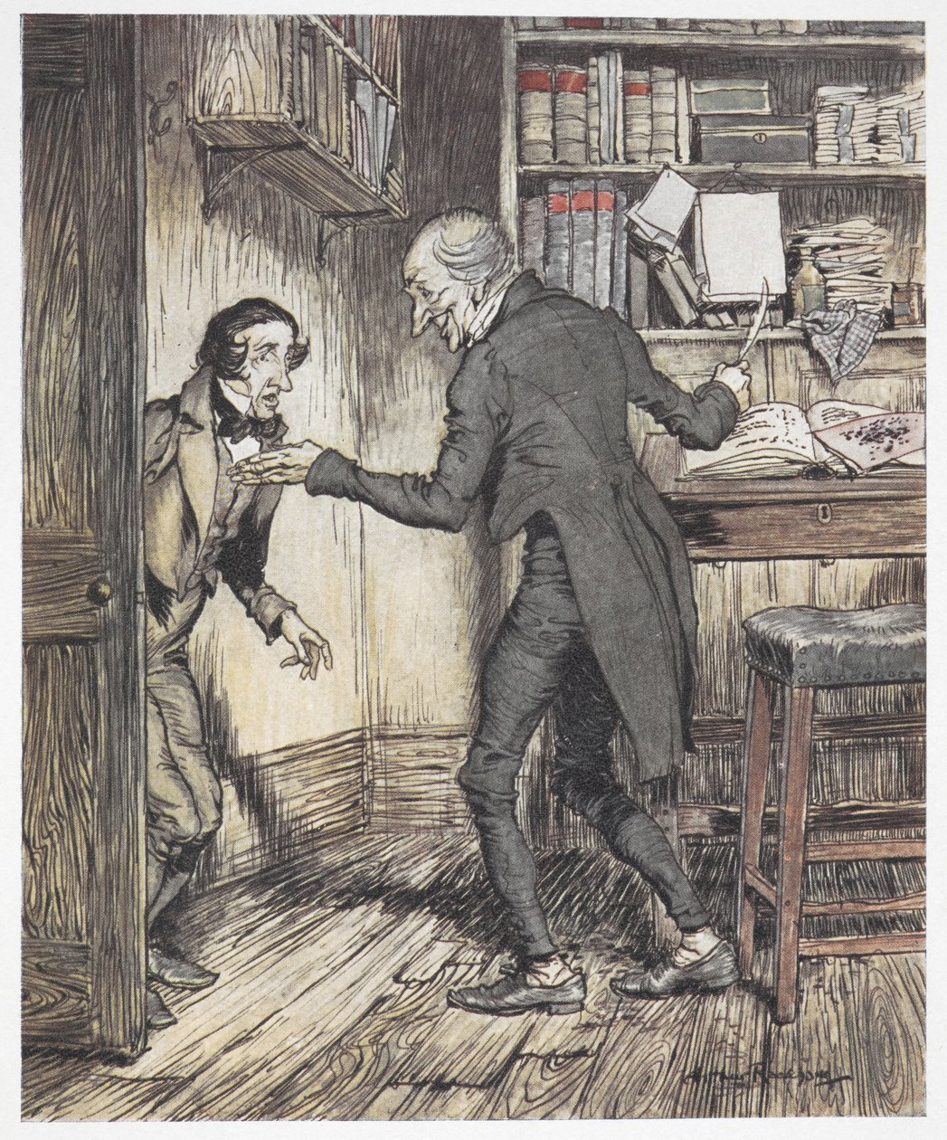 Scrooge escribiendo en su despacho mientras entra otro hombre de Arthur Rackham