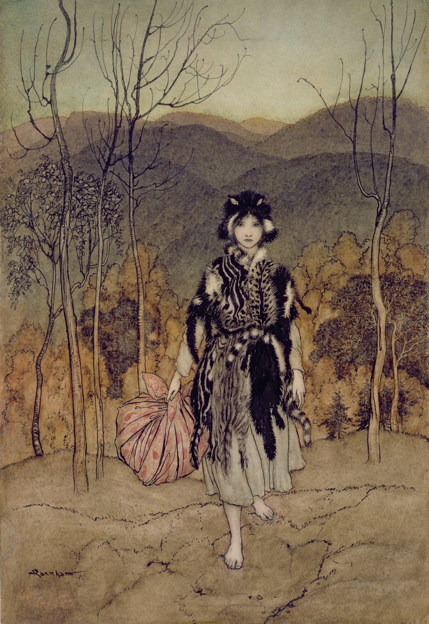 Ella Siguió, y Siguió, y Siguió, Catskin, ilustración de Cuentos de Hadas Ingleses, recontados por F.A Steel de Arthur Rackham