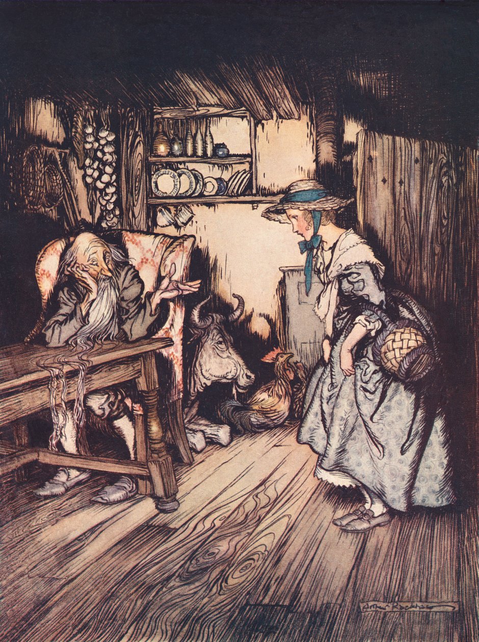 Suplicó de forma muy bonita que se le permitiera pasar la noche allí. Ilustración de Arthur Rackham del cuento de Grimm La cabaña del bosque, publicado a finales del siglo XIX. de Arthur Rackham