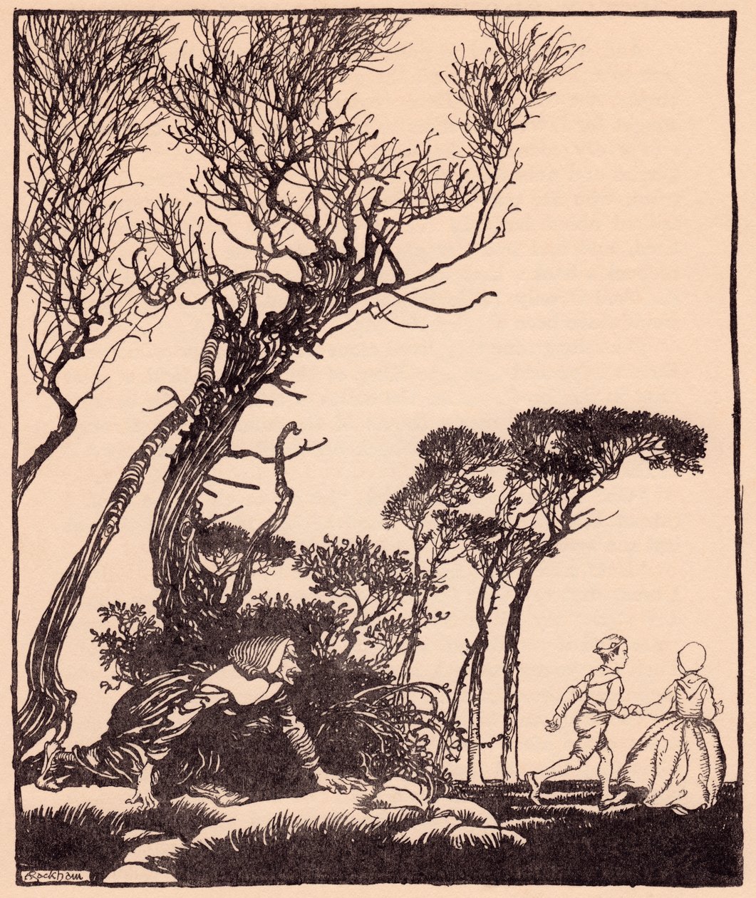 Se arrastró tras ellos en secreto, como se arrastran las brujas. Ilustración de Arthur Rackham del cuento de Grimm "Hermanito y hermanita". de Arthur Rackham