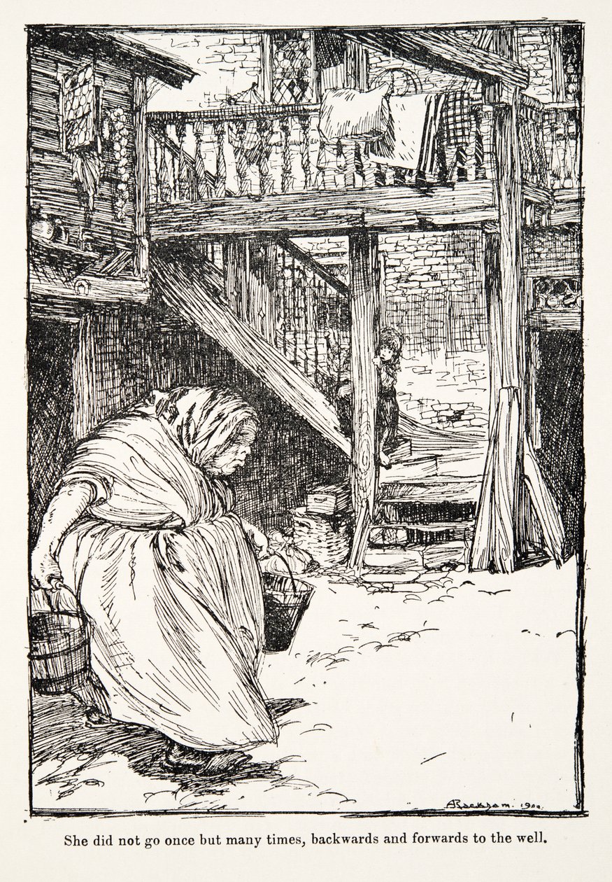 No fue una vez, sino muchas veces, de ida y vuelta al pozo, de Los cuentos de hadas de los hermanos Grimm, pub. 1909 de Arthur Rackham