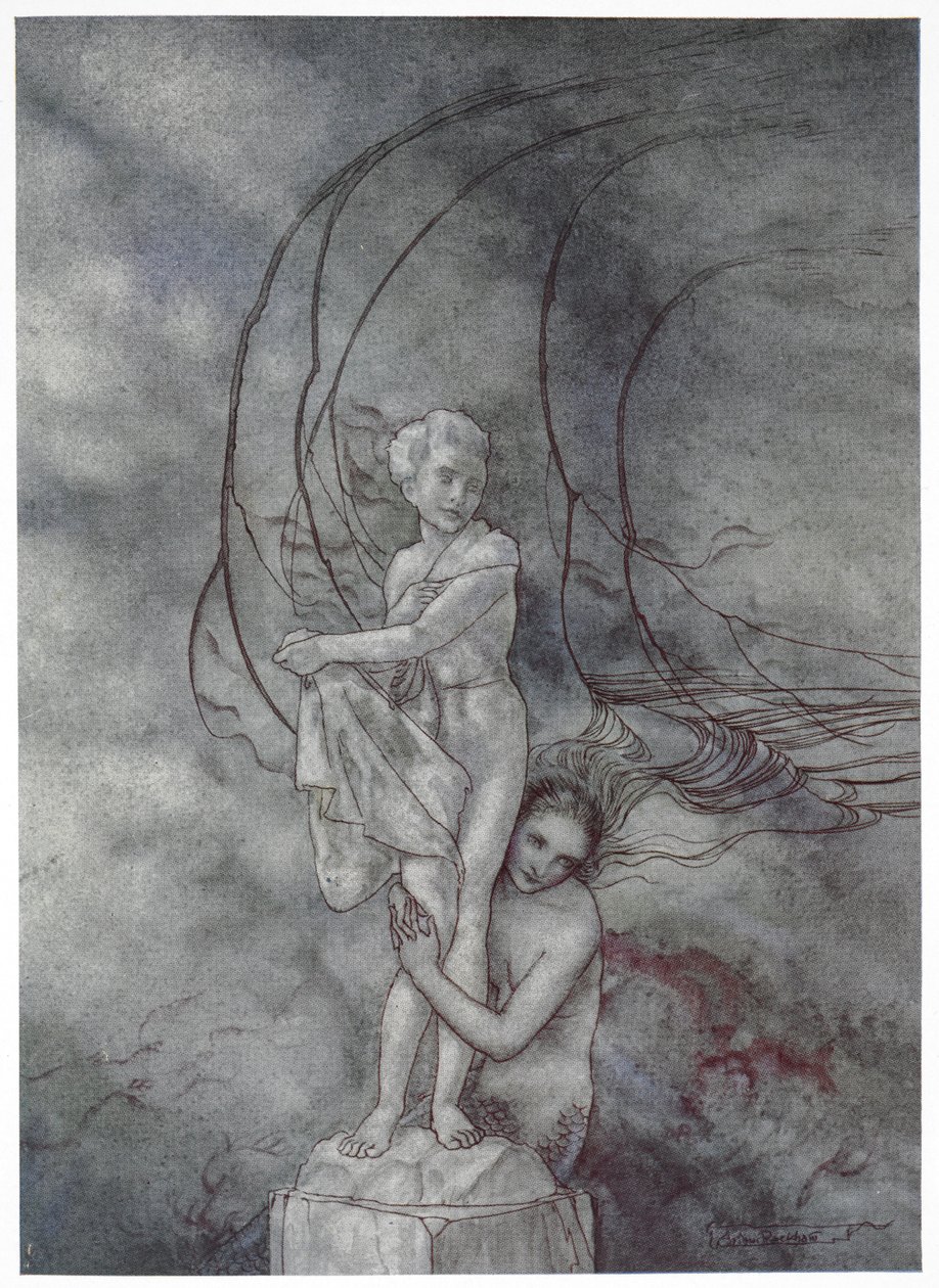 Rodeó con los brazos la figura de mármol que se parecía tanto al príncipe". Ilustración para el cuento "La Sirenita". de Arthur Rackham