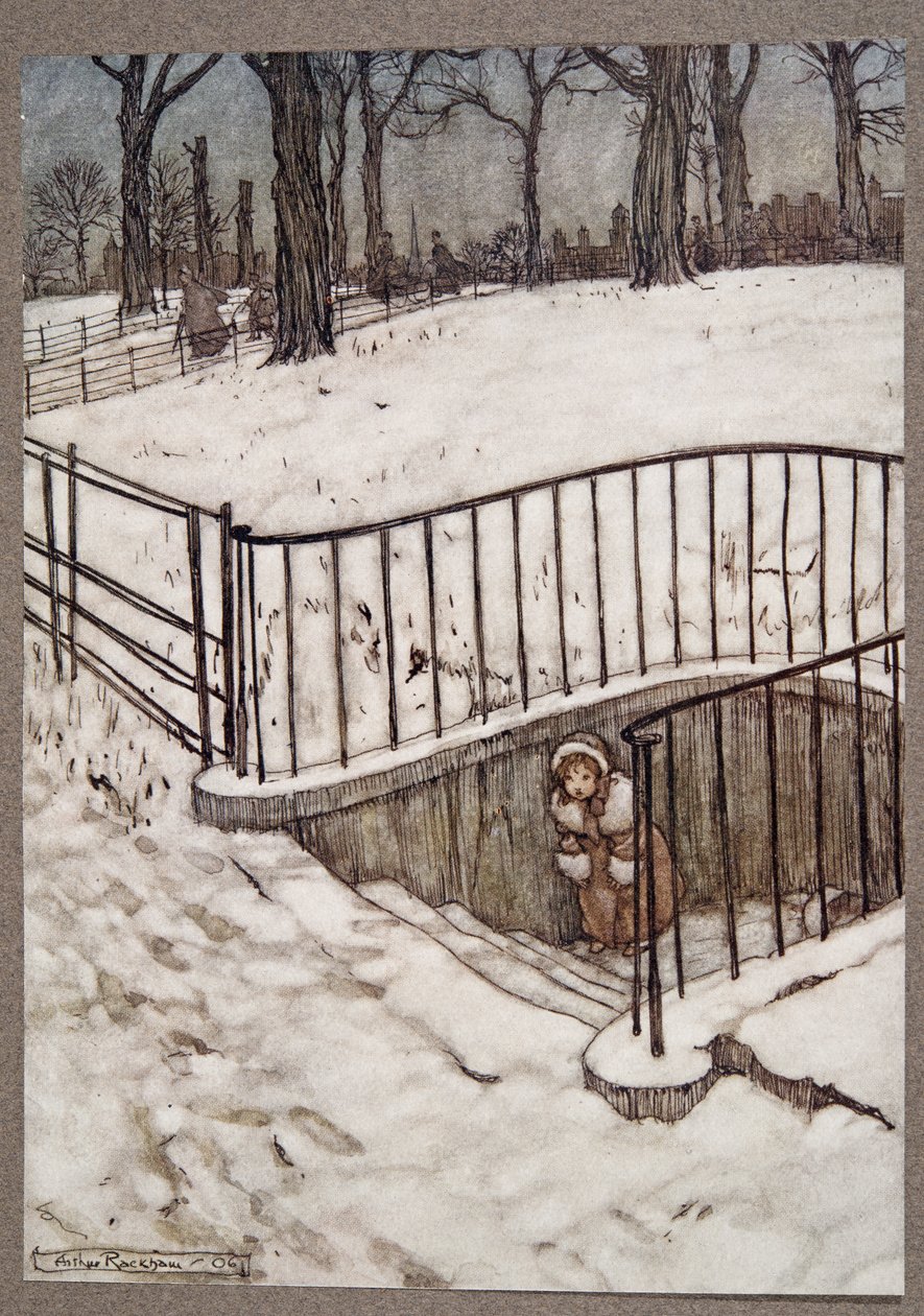 Corrió al pozo de St. Govers y se escondió, de Peter Pan en los jardines de Kensington de J. M. Barrie (1860 - 1937), pub. 1906 de Arthur Rackham