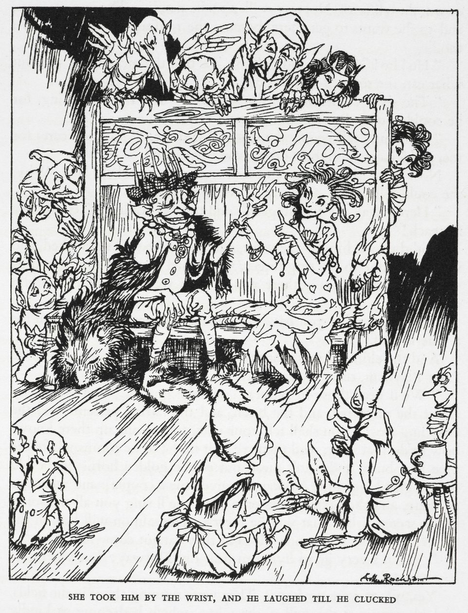 "Ella lo tomó de la muñeca, y él se rió hasta cacarear". Doncellas elfinas y duendes. Ilustración de "la colina de los duendes". de Arthur Rackham