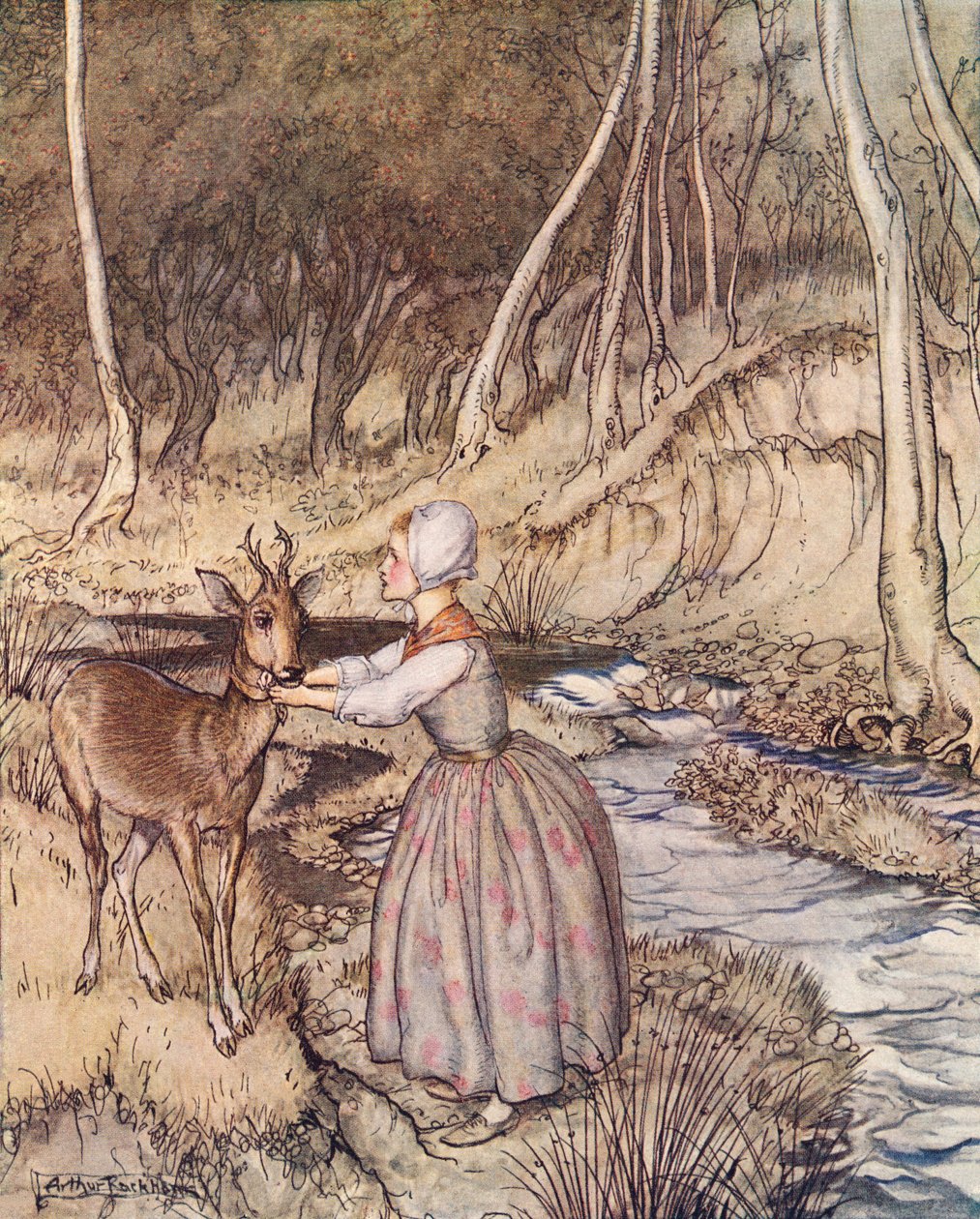 Se quitó la liga de oro y se la puso al cuello al corzo. Ilustración de Arthur Rackham del cuento de hadas de Grimm, Little Brother and Little Sister, publicado a finales del siglo XIX. de Arthur Rackham