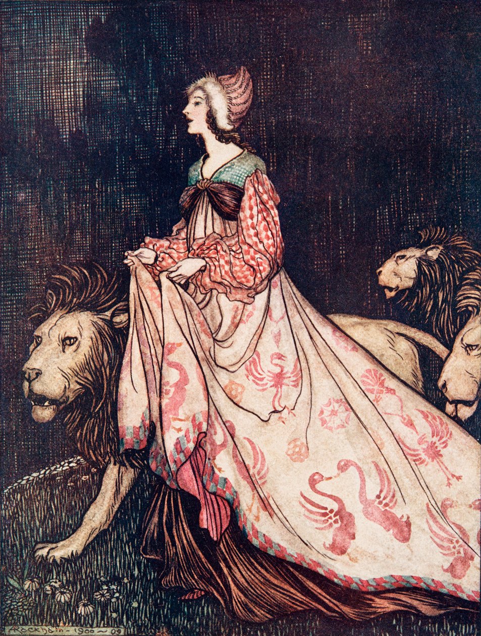 Se fue acompañada por los leones, de Los cuentos de hadas de los hermanos Grimm, pub. 1909 de Arthur Rackham