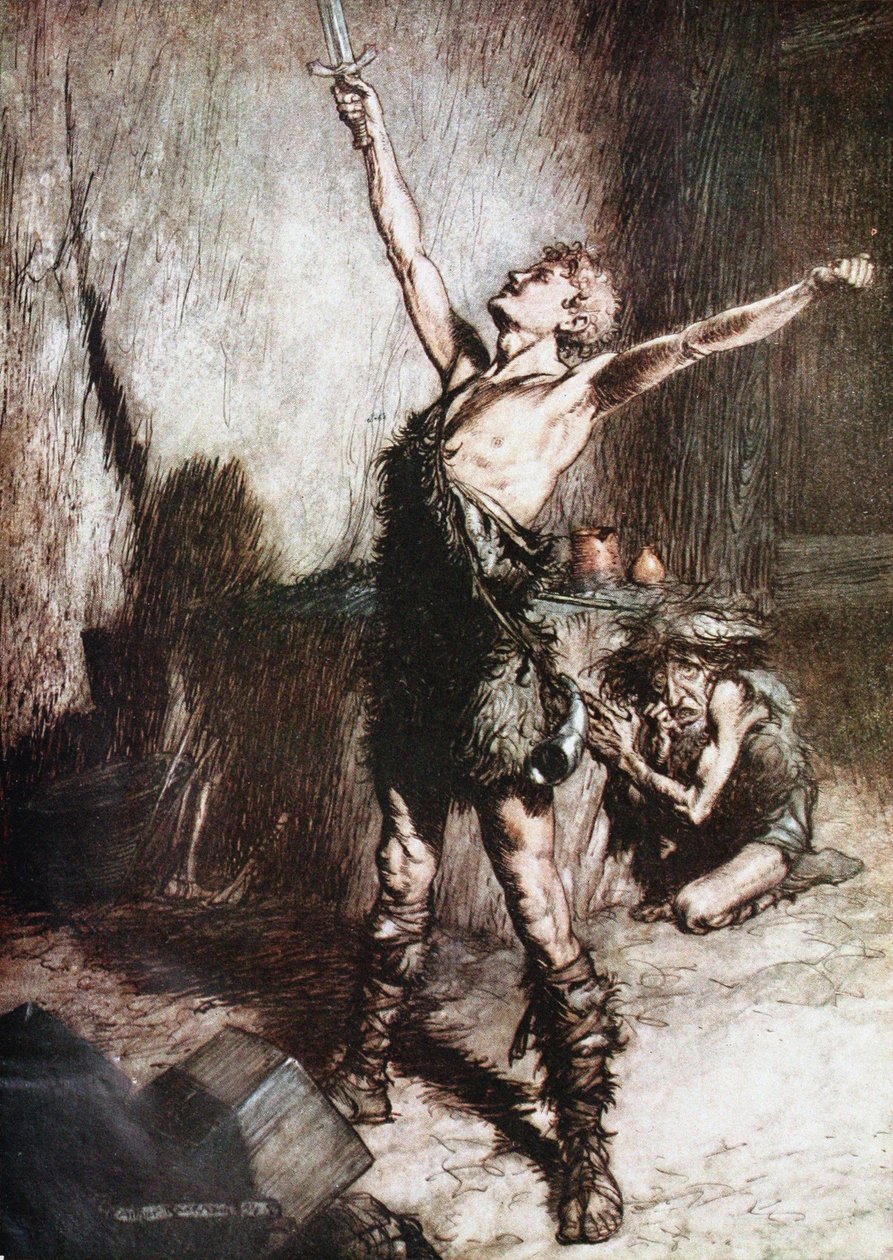 Siegfried forja su espada. Ilustración para Siegfried y El ocaso de los dioses de Richard Wagner de Arthur Rackham