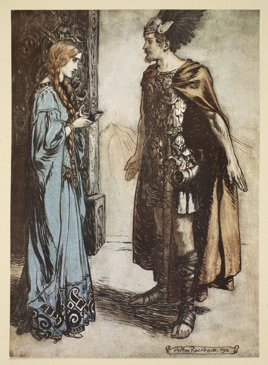 Siegfried devuelve el cuerno de beber a Gutrune y la mira con pasión repentina, ilustración de 