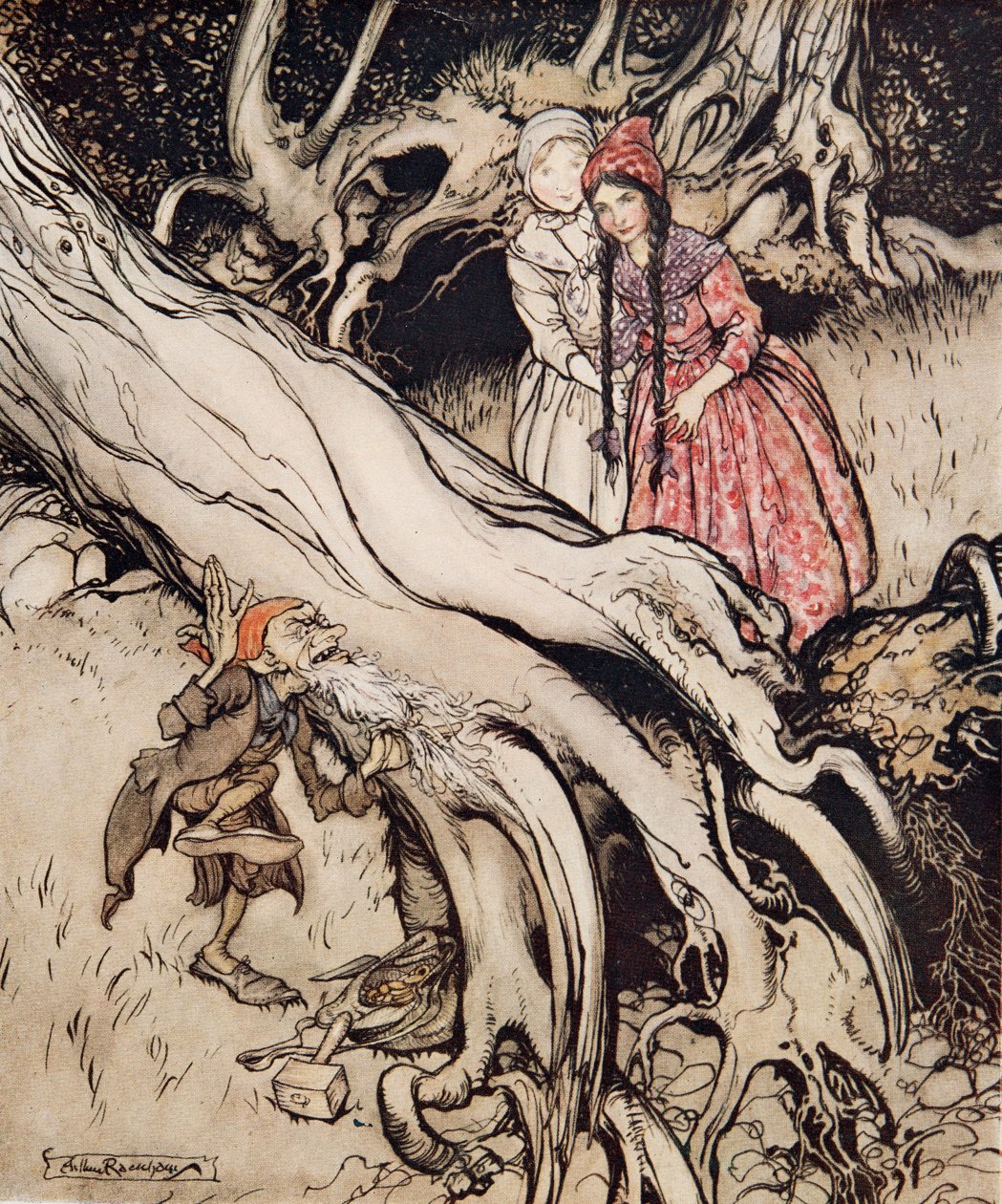Blanca Nieves y Rosa Roja, de Hermanito y Hermanita y Otros Cuentos de los Hermanos Grimm, pub.1917 de Arthur Rackham