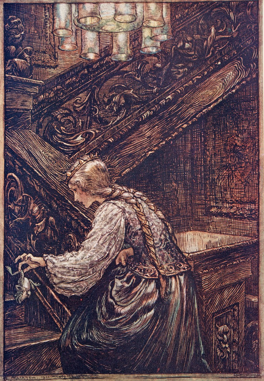 Entonces lo agarró con dos dedos y lo llevó arriba, de Los cuentos de hadas de los hermanos Grimm, pub. 1909 de Arthur Rackham