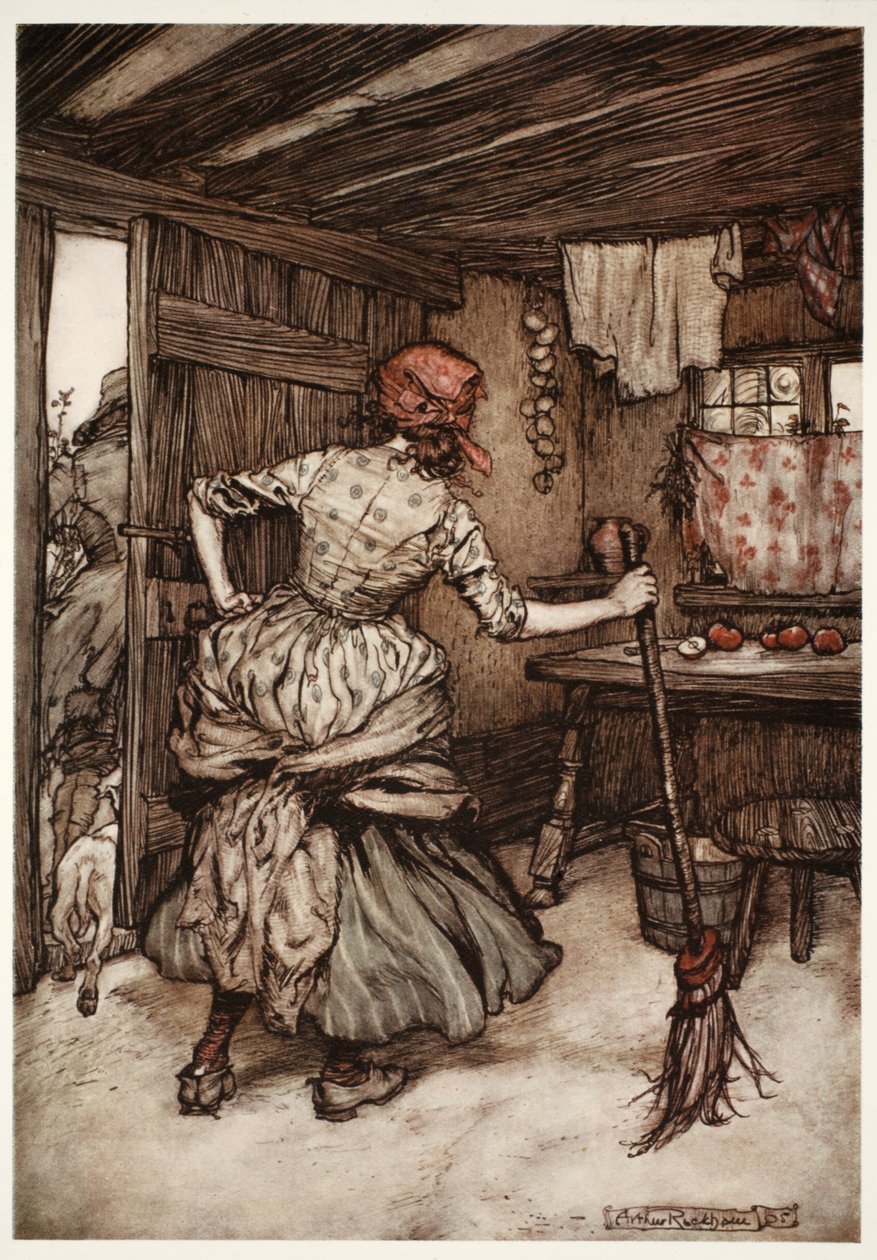 Así que se vio obligado a retirar sus fuerzas y tomar el exterior de la casa, el único lado que, en verdad, pertenece al marido sometido., de Rip Van Winkle de Washington Irving, pub. 1910 de Arthur Rackham