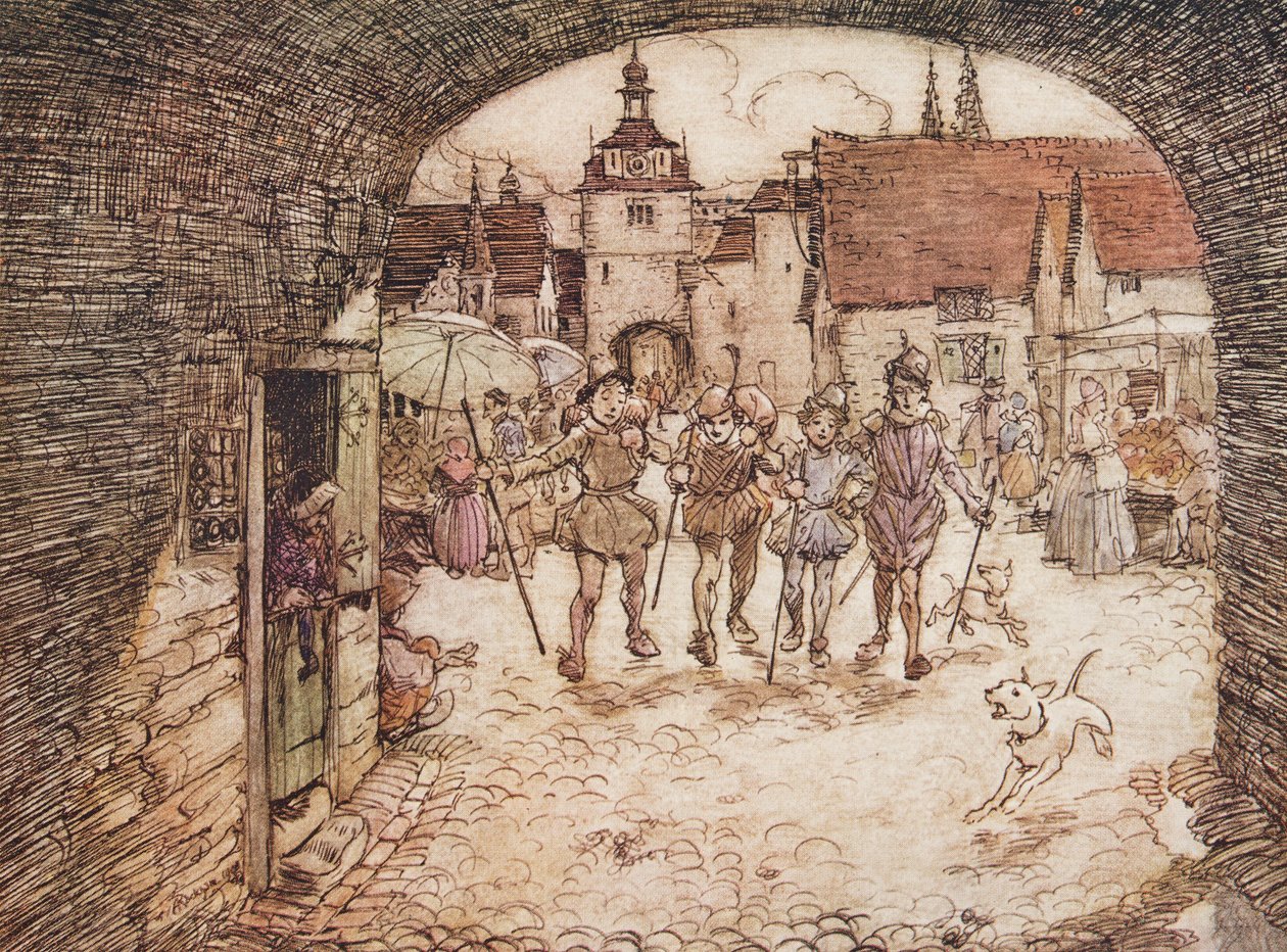 Así que los cuatro hermanos tomaron sus bastones en sus manos, se despidieron de su padre y salieron por la puerta de la ciudad, de Los cuentos de hadas de los hermanos Grimm, pub. 1909 de Arthur Rackham