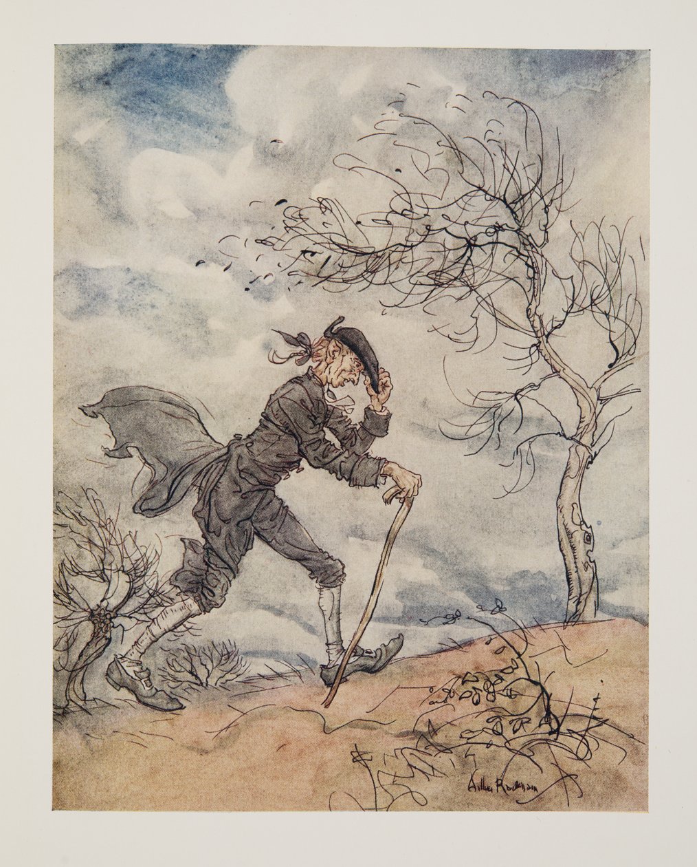 Caminando por el perfil de una colina en un día ventoso, de La leyenda de Sleepy Hollow de Washington Irving (1783 - 1859), pub. 1928 de Arthur Rackham