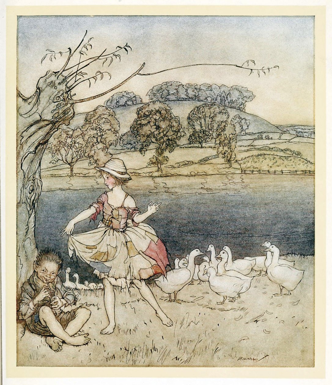 Tattercoats bailando mientras el pastor de gansos toca la flauta, de Cuentos de Hadas Ingleses, pub. 1922 de Arthur Rackham