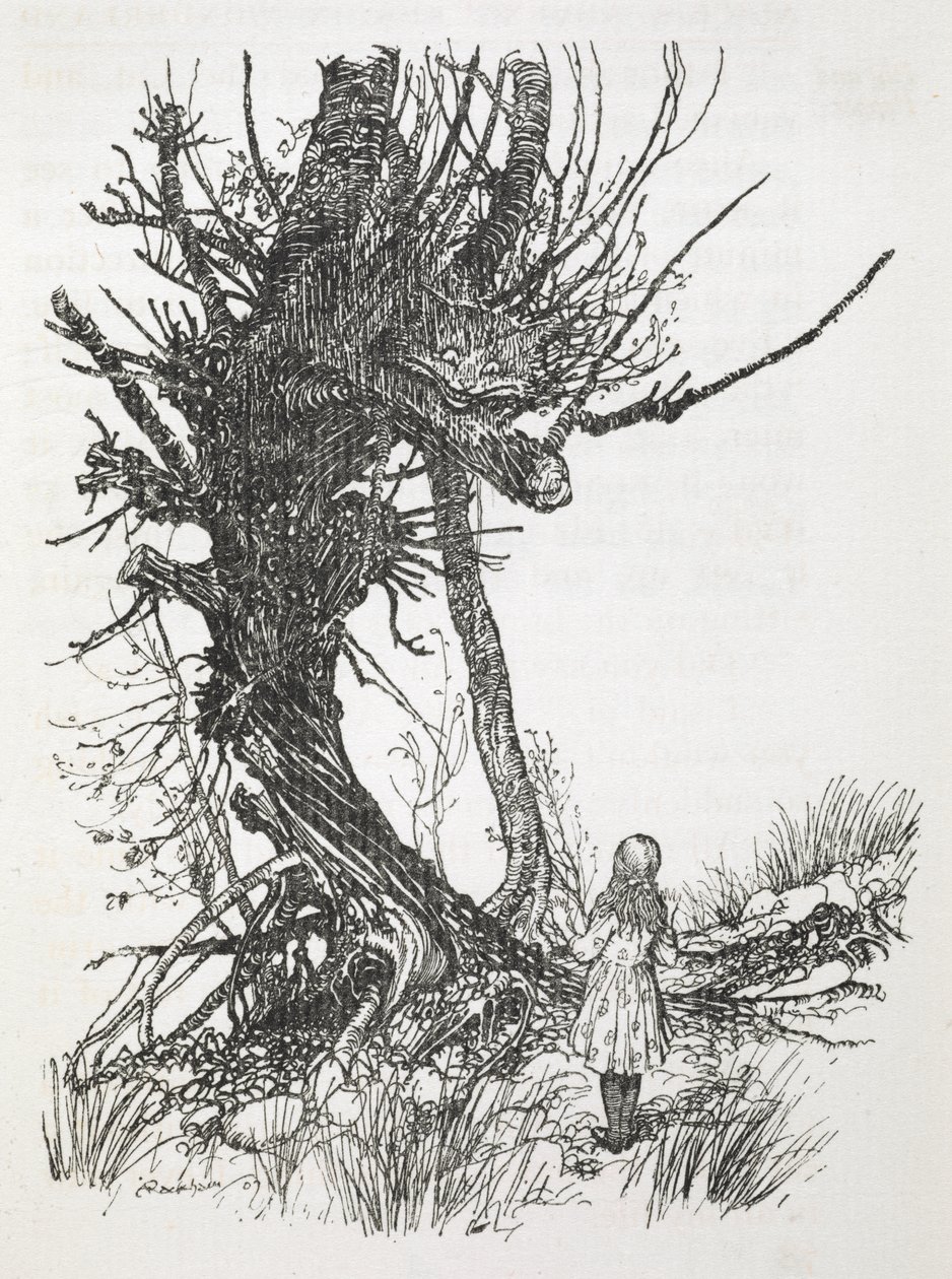 El Gato de Cheshire en un árbol mirando a Alicia de Arthur Rackham