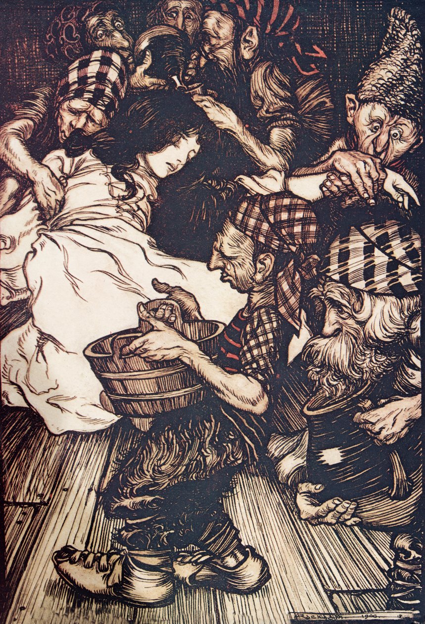 Los enanos, cuando llegaron por la noche, encontraron a Blancanieves tirada en el suelo, de Los cuentos de hadas de los hermanos Grimm, pub. 1909 de Arthur Rackham
