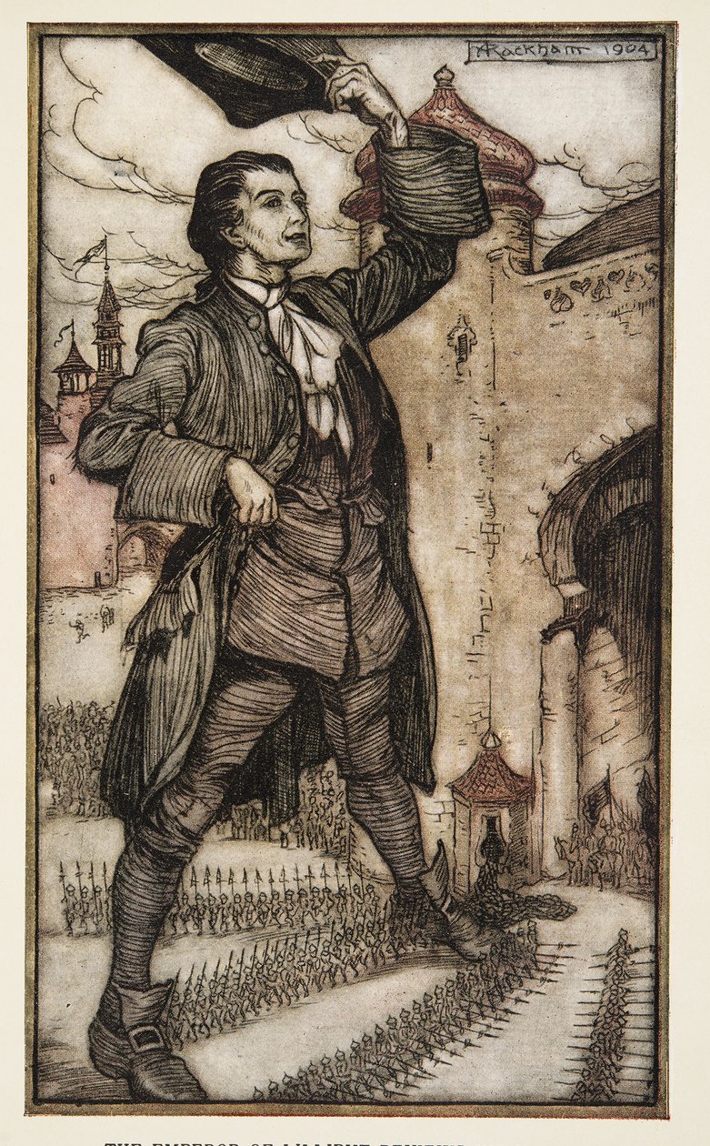 El Emperador de Lilliput revisa sus tropas, de Los viajes de Gulliver de Jonathan Swift (1667 - 1745), pub. 1909 de Arthur Rackham