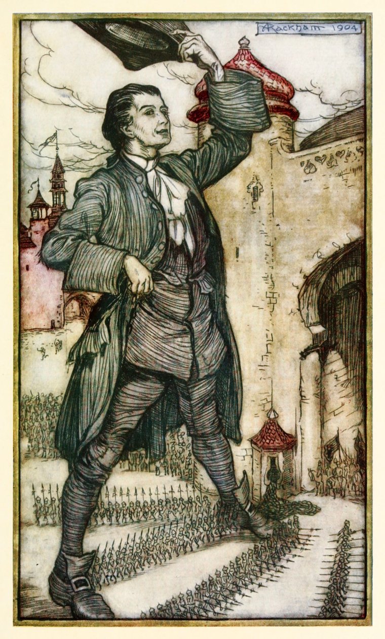 El Emperador de Lilliput revisa sus tropas, de la Parte I: Un viaje a Lilliput en Los viajes de Gulliver de Jonathan Swift de Arthur Rackham