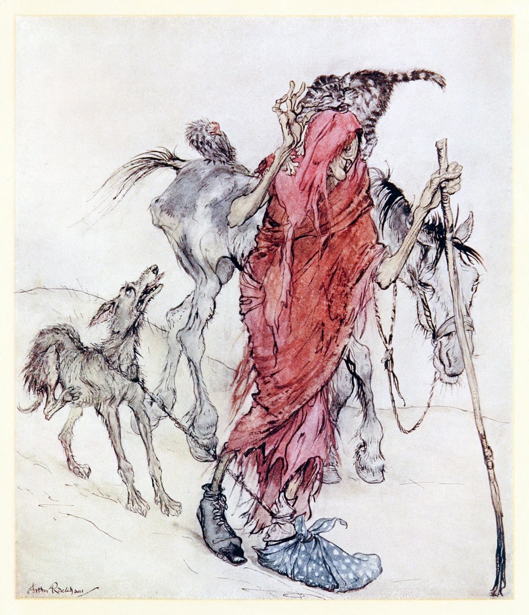 La bruja del molino era una bruja huesuda y delgada con pies extraños de Mongans Frenzy en Cuentos de hadas irlandeses de Arthur Rackham