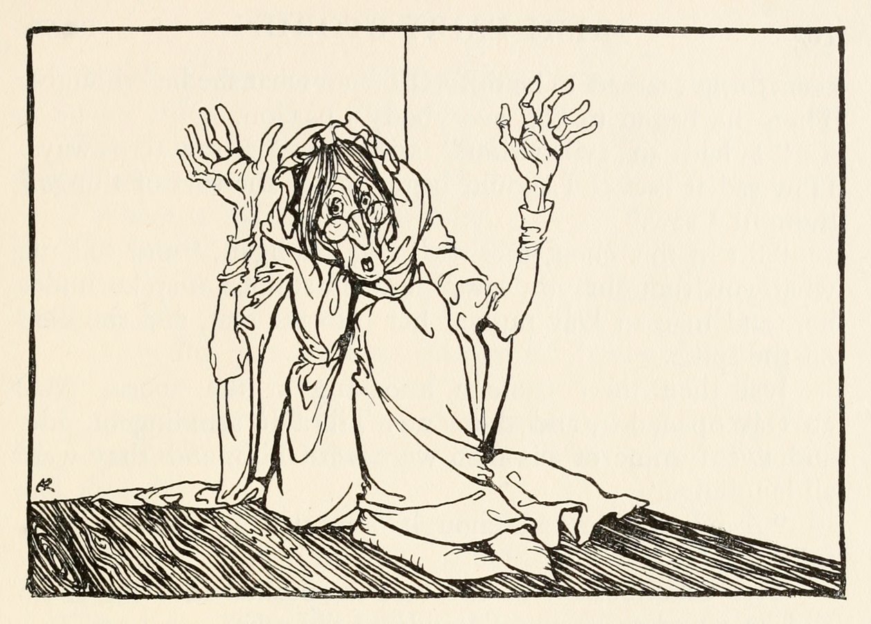 La bruja sentada contra la pared de Morgans Frenzy en Cuentos de hadas irlandeses de Arthur Rackham